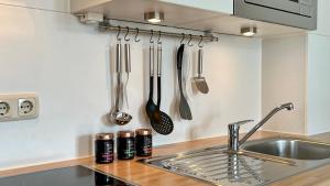 奥斯赛拜-塞林Villa Sonneck – Wohnung 15的厨房配有水槽和墙上的餐具