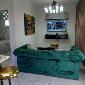 比勒陀利亚Elegant Airbnb的客厅设有一张绿色沙发,配有电视