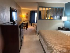 湖城Guest Inn Lake City的配有一张床和一台平面电视的酒店客房