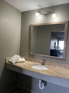 湖城Guest Inn Lake City的一间带水槽和镜子的浴室