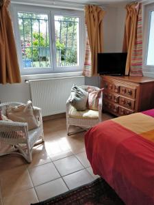 安格雷T1 ou T2 dans villa avec jardin proche Biarritz的一间卧室配有一张床、两把椅子和电视