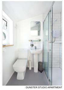 邓斯特Dunster Studio Apartment的浴室配有卫生间、盥洗盆和淋浴。