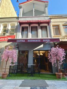 伊斯坦布尔Santra Bosphorus Hotel的前面有粉红色花卉的建筑