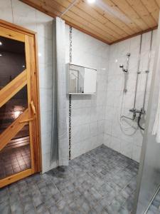 图尔库Cozy and Spacious Row House的带淋浴的浴室和玻璃门