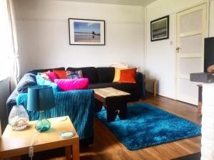 马诺比尔Sea Bean 2 Bedroom House Manorbier Tenby Pet Friendly的带沙发和蓝色地毯的客厅