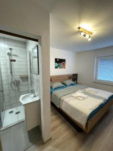 采尔克诺Apartments and rooms pri Bašlju的一间卧室配有一张床、淋浴和盥洗盆