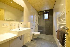 魏森湖Ferienwohnungen Plattner的一间带水槽、卫生间和淋浴的浴室