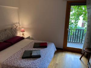 库马约尔Chalet Blanc "Le Flocon"的一间卧室设有一张床和一个阳台的窗户。