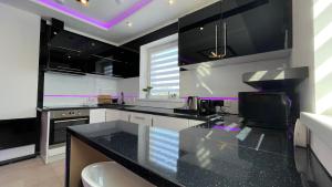 阿斯隆#5 TGHA Luxury One Bedroom Apartment in Athlone的厨房配有黑色橱柜和黑色台面