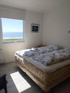 Brjánslækur红谷农家乐的一间卧室设有一张大床,享有海景