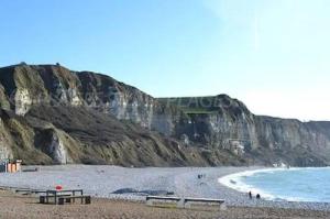 Saint-Jouin-BrunevalRoulotte avec vue sur la mer, proche d'Etretat的长椅海滩,海洋和悬崖