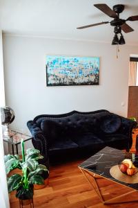 ĶesterciemsAlbatross Dimants - apartamenti Rīgas jūras līča krastā的客厅里一张黑色皮沙发,配有桌子