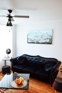 ĶesterciemsAlbatross Dimants - apartamenti Rīgas jūras līča krastā的客厅里一张黑色皮沙发,配有桌子