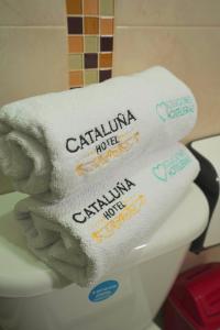 佩雷拉HOTEL CATALUÑA - SOLUCIONES HOTELERAs的坐于厕所顶上的一堆毛巾