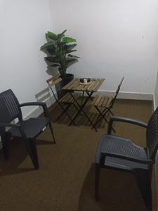 坦坦MJI GROUP的一间房间,配有两把椅子和一张桌子,还有植物