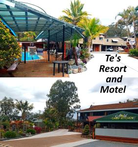 麦夸里港T's Resort & Motel的一张度假村和汽车旅馆的两张照片的拼合