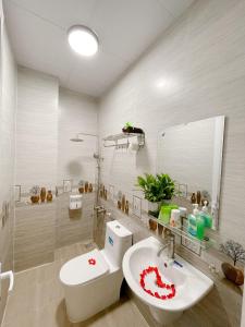 大叻Moc Nhien Hostel Da Lat的一间带水槽、卫生间和镜子的浴室