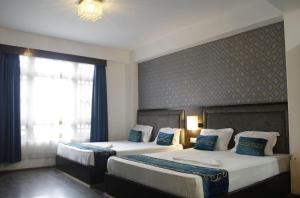 甘托克Palri Boutique Hotel的一间卧室配有两张带蓝白色枕头的床