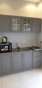 阿尔莎法مزرعة الكرم الحاتمي的厨房配有灰色橱柜和微波炉