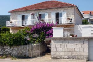 拉茨斯切Family friendly apartments with a swimming pool Kneza, Korcula - 9130的前面有紫色花的房屋