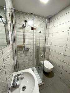 采尔克诺Apartments and rooms pri Bašlju的带淋浴、盥洗盆和卫生间的浴室