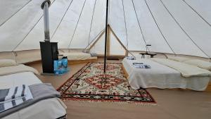 Zece HotareDolina Village Glamping的一间设有两张床的房间和一个帐篷内的地毯
