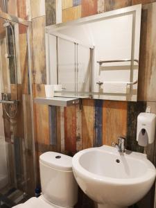 阿拉木图Гостевой дом Discovery的一间带水槽、卫生间和镜子的浴室