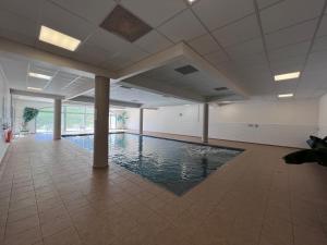 拉姆吉Duplex 8 couchages, au pied des pistes de la Mongie的一间位于大客房的游泳池,铺有瓷砖地板