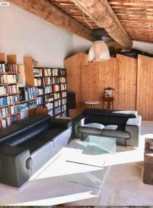 奥佩德LASUITE Domaine Bertuli, heated Pool, Aircon的客厅配有黑色皮沙发和书架