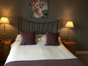 斯基普顿Crown Cottage Farm的一间卧室配有一张带两张台灯的床铺。