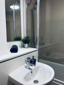 伯明翰2 Bedroom Penthouse Birmingham的白色的浴室设有水槽和淋浴。