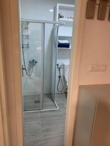 弗拉西克Apartmani Šišava apt "HARMONY" Vlašić的一间带卫生间的浴室内的玻璃淋浴间