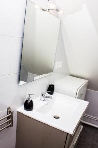 鲁瓦西恩布里F2 Duplex chez l'aventurière près Disneyland的浴室设有白色水槽和镜子