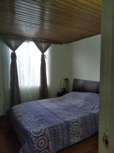 波哥大Mirador del parque的一间卧室配有一张带蓝色毯子的床和窗户。