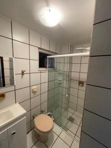巴拉奈里奥-坎布里乌Apartamento amplo e completo no centro Balneário Camboriú的一间带卫生间和玻璃淋浴间的浴室
