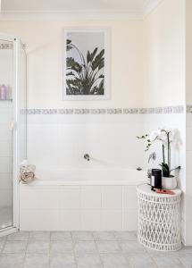 浅滩湾Casa Keys Shoal Bay的白色的浴室设有浴缸和植物