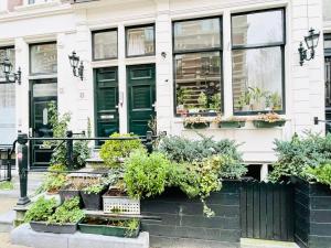 阿姆斯特丹Flinder Amsterdam的一座带绿门和盆栽的房屋