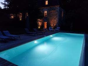 FleuracGîte de Chantegrel的夜晚的游泳池,灯光蓝色