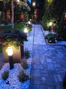 谢德尔采Pokoje hotelowe Nad Zalewem的夜间花园中带灯的走道
