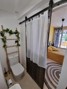 Saint-Jean-de-MuzolsTikazéla - Domaine Ombre et Lumière的一间带卫生间和淋浴帘的浴室
