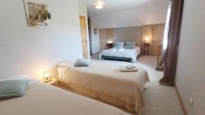 塞纳河畔巴尔Seine en Bulles的酒店客房设有两张床和两盏灯。