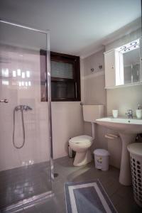 萨摩斯Ariadni Luxury Apartment的带淋浴、卫生间和盥洗盆的浴室