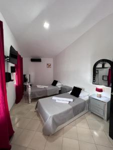 圣塔芭芭拉-山美纳Coral Village Family的一间带两张床铺的卧室,位于带镜子的房间内