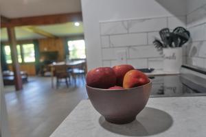 奥格登斯堡Summer specials on the Saint Lawrence River的坐在厨房柜台上的一碗苹果
