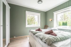雷讷Reine Front View - Mountain & Seaview的绿色卧室设有两张床和两个窗户