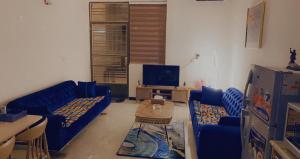 巴格达Dreams Apartments شقق الاحلام的客厅配有蓝色的沙发和电视