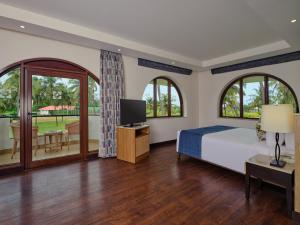 卡乌罗西姆果阿假日酒店的一间卧室设有一张床、一台电视和窗户。