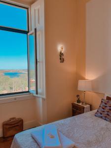 圣塔伦Chalet Santa Iria的一间卧室设有一张床和一个大窗户