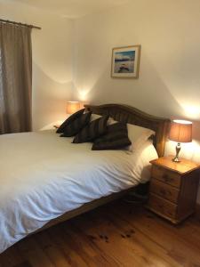 巴利康尼利Luxury Sea View Cottage Ballyconneely Winter Specials的一间卧室配有带枕头的床铺和床头柜