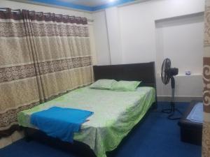 达卡Kompass Homestay - Affordable AC Room With Shared Bathroom in Naya Paltan Free WIFI的一间卧室配有一张蓝色地毯的床